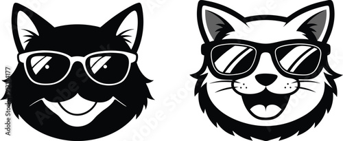 Cat head wearing sunglass happy silhouette vector illustration