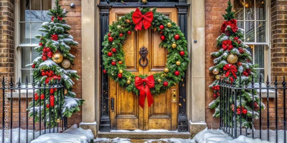Fototapeta premium Traditional ornate heritage door in London adorned with vibrant festive Christmas wreath, garland, and ribbons on a snowy winter day.