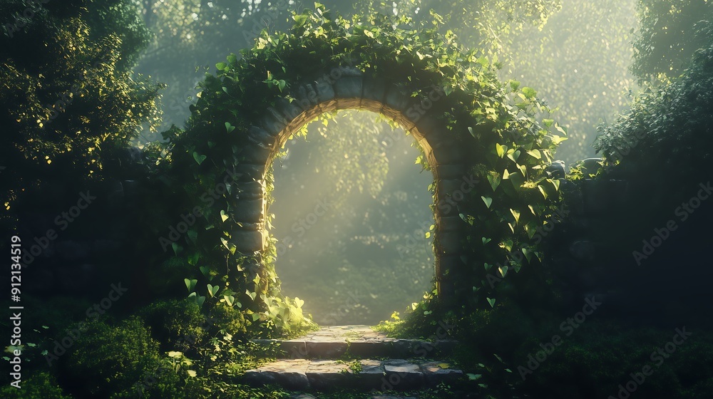 fantasy scene with a portal archway covered in creepers. In the fantasy world, ancient magical stone gate show another dimension