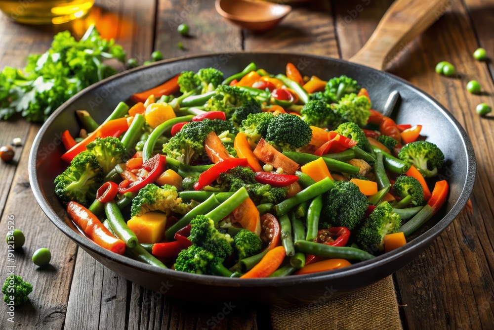 Colorful stir-fry of fresh green beans, peppers, carrots, kale, and broccoli sizzling together in a hot skillet at home. Colorful stir-fry of fresh green beans, peppers, carrots, kale, and broccoli sizzling together in a hot skillet at home.