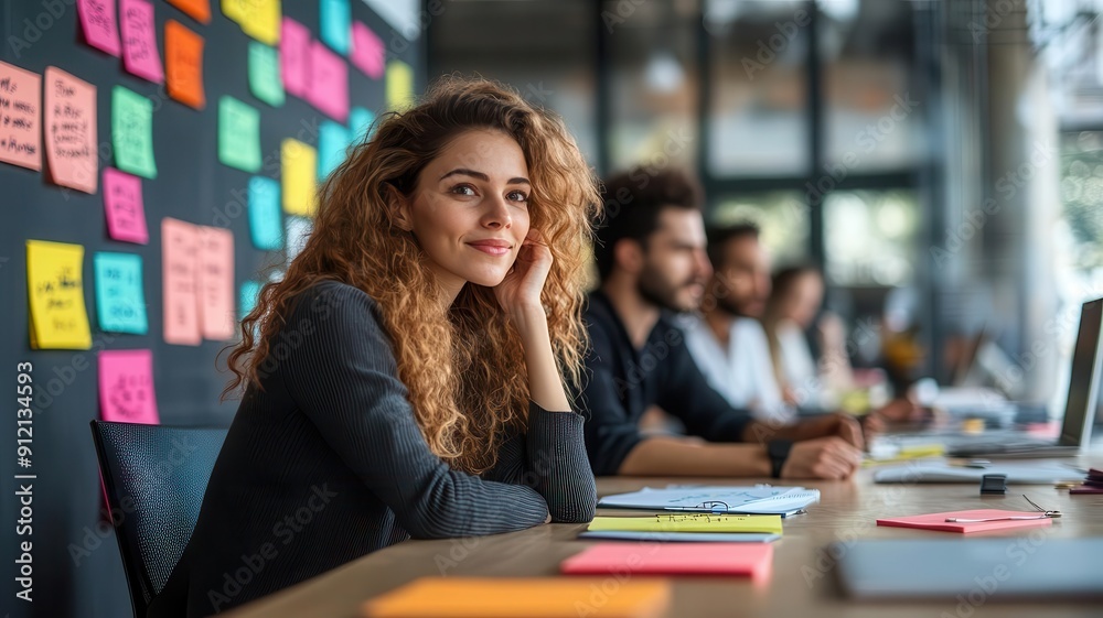 A focused woman at a creative workspace, engaging with team members, surrounded by colorful sticky notes and modern technology. A focused woman at a creative workspace, engaging with team members, surrounded by colorful sticky notes and modern technology.
