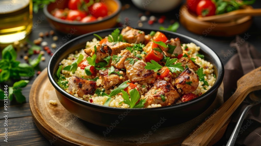 A rustic dairy-free dish featuring quinoa, focusing on heart-healthy Mediterranean meal options with wholesome, nutritious ingredients and a hearty presentation. A rustic dairy-free dish featuring quinoa, focusing on heart-healthy Mediterranean meal options with wholesome, nutritious ingredients and a hearty presentation.