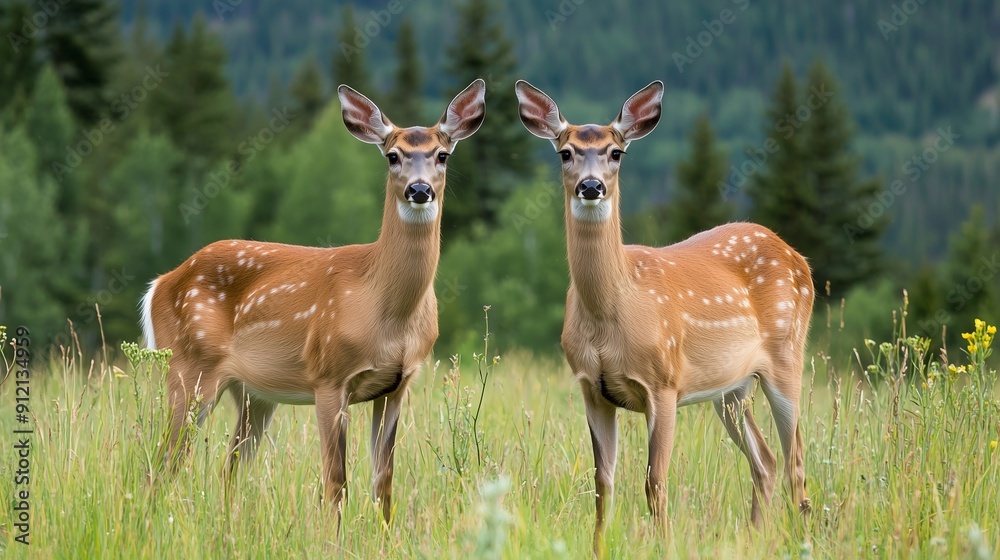 Two spotted deer stand gracefully in a lush green meadow, surrounded by serene nature and tall trees in the background. Two spotted deer stand gracefully in a lush green meadow, surrounded by serene nature and tall trees in the background.