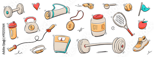 Sport gym sketch health icon set. Hand drawn sketch doodle healthy sport, gym fit exercise equipment icon.Doodle hand drawn tennis ball, bottle, dumbbell fit equipment. Vector illustration.