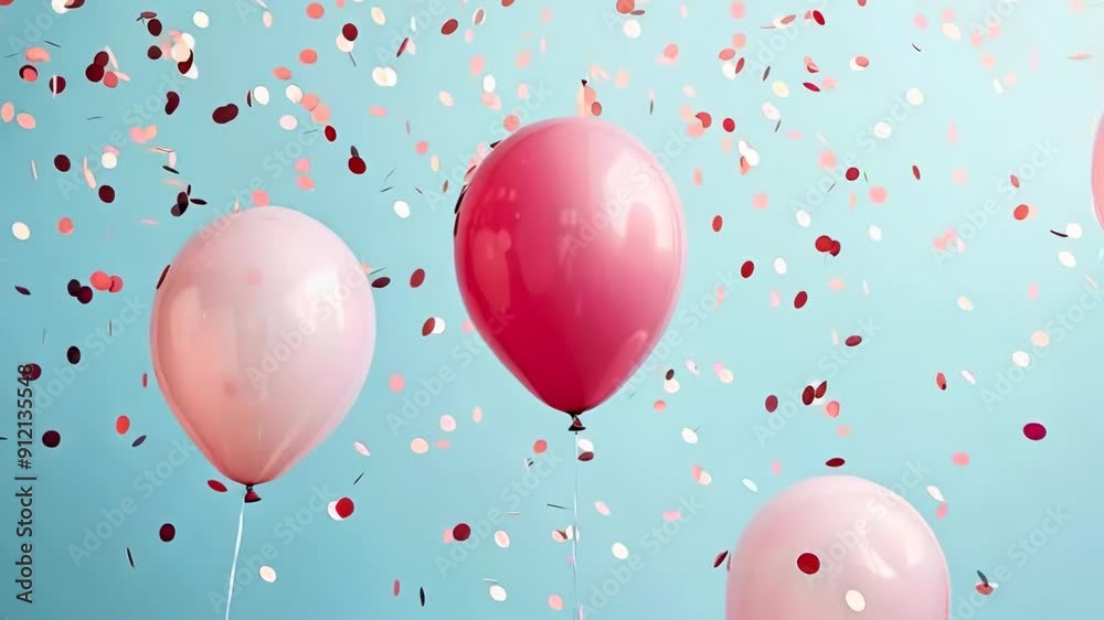 Pastel balloons and sparkling confetti on a light blue background, creating a festive atmosphere Pastel balloons and sparkling confetti on a light blue background, creating a festive atmosphere