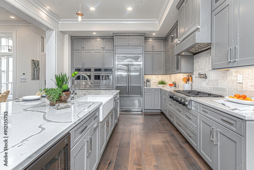 Stylish kitchen featuring grey cabinets, white marble countertop, and ...