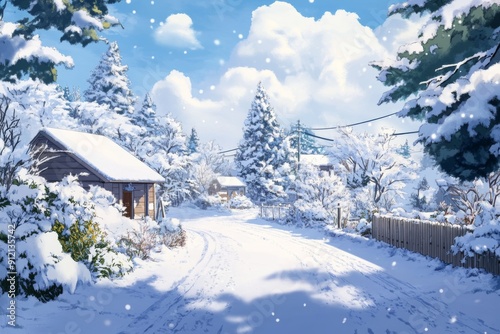 Frost's Enchanting Allure: A High-Fidelity Hand-Drawn Illustration of Nature's Tranquility in a Snowy Wonderland, Capturing the Season's Enticement with Sharpness and Cozy Comfort in Anime Style. photo