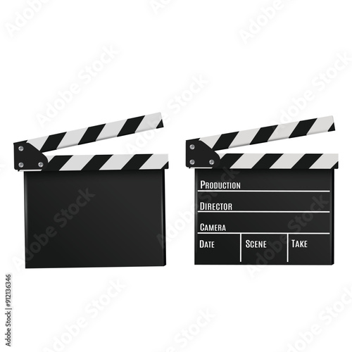 Two clapperboards, one blank and one with labeled sections for production details. Vector illustration