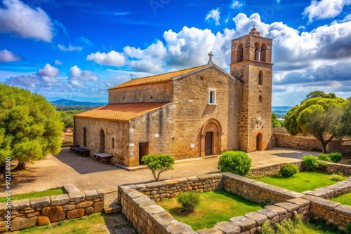 Ancient historical Christian complex of Santu Lussurgiu martyr in Fordongianus, Oristano, Sardinia, Italy, showcasing historic architecture and serene surroundings.