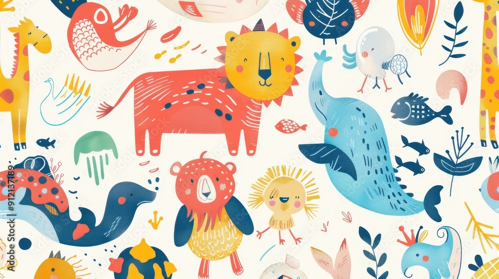 A playful clip art background with colorful, whimsical illustrations of animals, objects, and characters, perfect for adding a fun and cheerful touch to any project