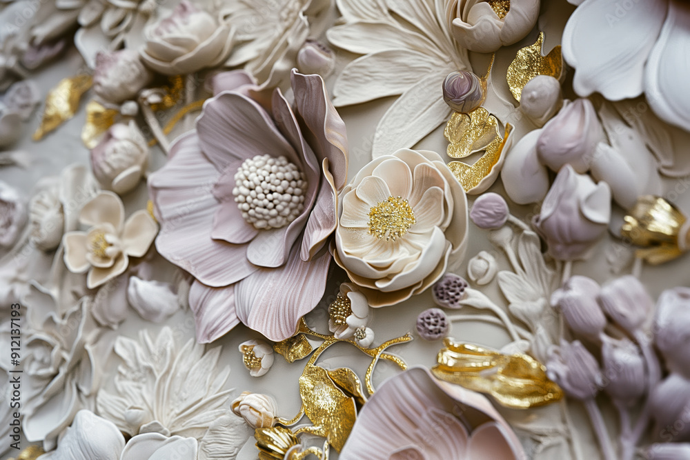 Elegant Floral Arrangement with Pastel and Gold Accents in Detailed Relief Elegant Floral Arrangement with Pastel and Gold Accents in Detailed Relief