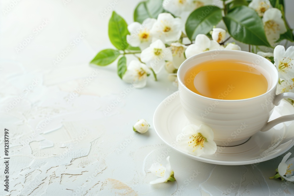 Elegant cup of jasmine green tea surrounded by fresh blossoms in a tranquil setting Elegant cup of jasmine green tea surrounded by fresh blossoms in a tranquil setting