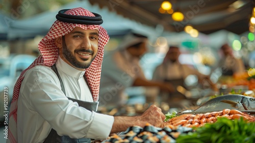 Smiling Middle Eastern Man at a Seafood Market photo