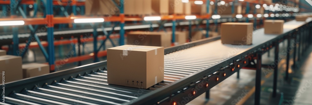 Conveyor Belt with Packaging Boxes in Warehouse Cartons and Cardboard Boxes on the Move Distribution and Shipping Supplies Warehouse Cargo Shipment and Transport Logistics Conveyor Belt with Packaging Boxes in Warehouse Cartons and Cardboard Boxes on the Move Distribution and Shipping Supplies Warehouse Cargo Shipment and Transport Logistics