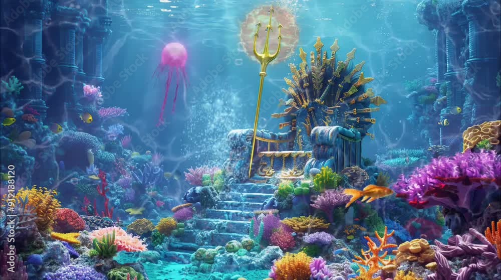Underwater Throne Room with Trident and Marine Animals. Seamless looping time-lapse 4k video animation background