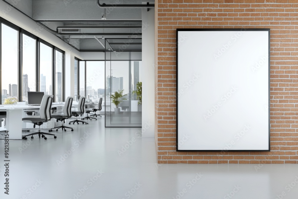 A modern office space with glass walls, white concrete floors and sleek furniture. A modern office space with glass walls, white concrete floors and sleek furniture.