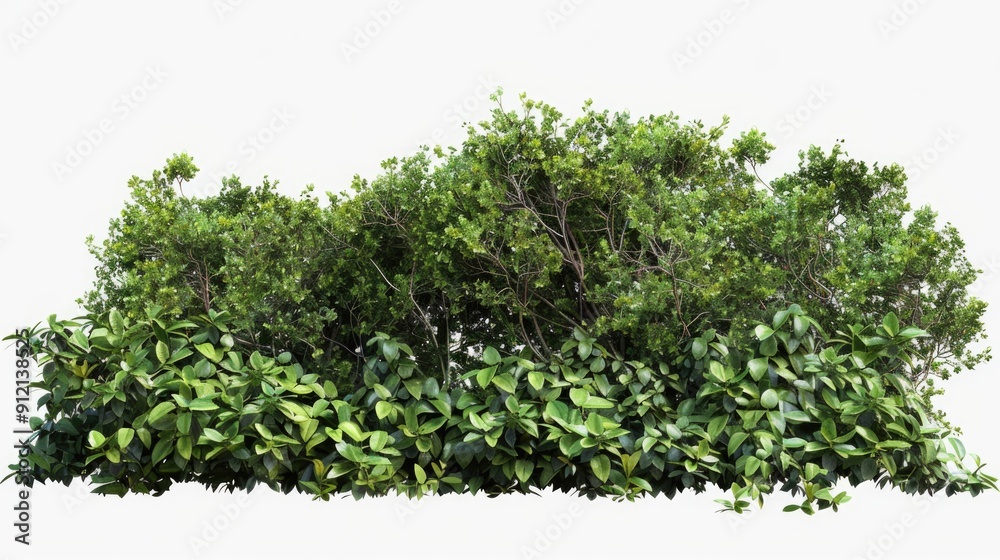 Obraz premium A group of trees and bushes on a simple white background, ideal for illustrations, designs or backgrounds