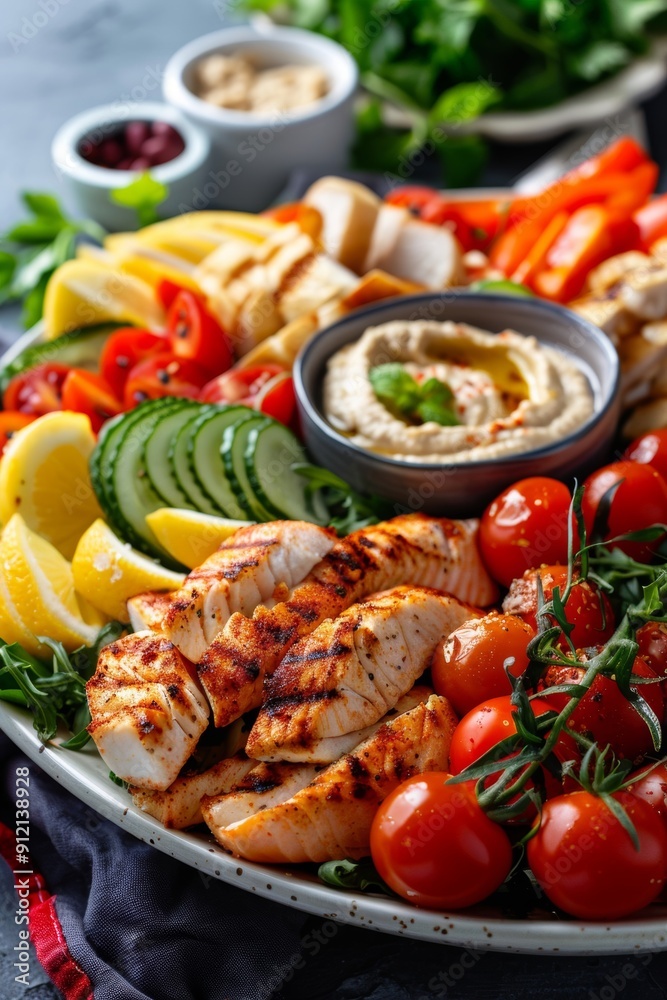 A Mediterranean pescatarian dish featuring hummus A Mediterranean pescatarian dish featuring hummus