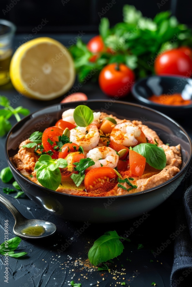 A Mediterranean pescatarian dish featuring hummus A Mediterranean pescatarian dish featuring hummus
