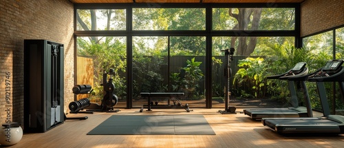 Modern Home Gym with Large Windows Overlooking Lush Greenery and Equipped with Various Fitness Machines photo