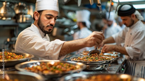 Chef Serving a Dish in a Busy Kitchen