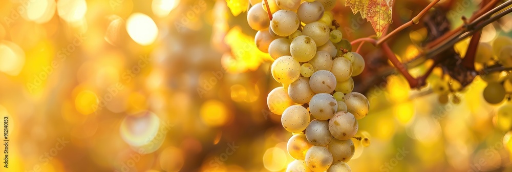 Obraz premium Selective focus on ripe bunches of green grapes in the vineyards during autumn harvest