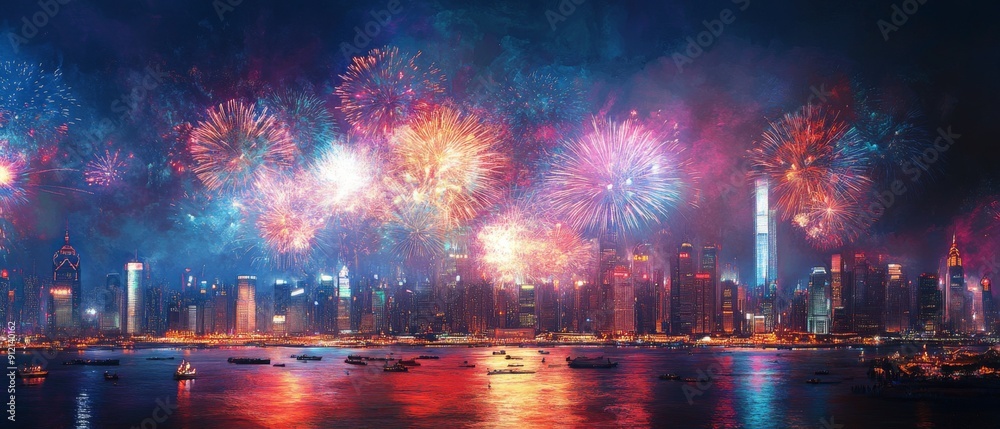 Fototapeta premium Spectacular Fireworks Display Over Modern City Skyline at Night with Vibrant Colors and Reflections on Water