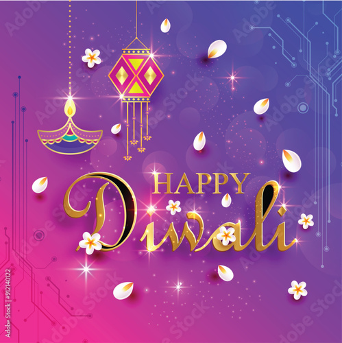 Happy Diwali Festival, India Festival with white flowers shining light purple Background