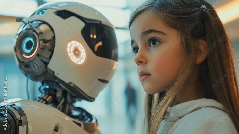 Young Girl Interacting with Futuristic Robot in Modern Setting, Showcasing Advanced Technology and Human-Robot Interaction Young Girl Interacting with Futuristic Robot in Modern Setting, Showcasing Advanced Technology and Human-Robot Interaction
