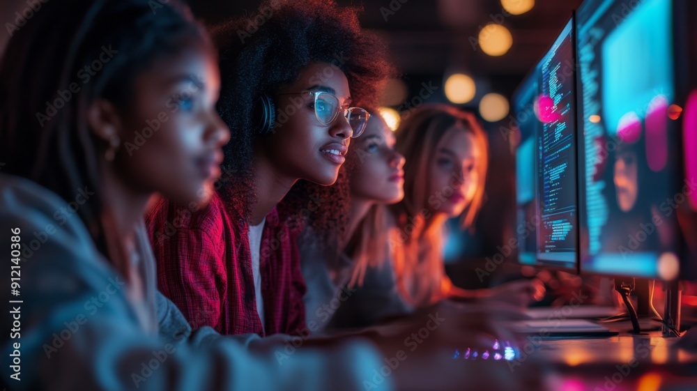 Diverse Group of Young Women Coding on Computers in a Modern Office Environment at Night Diverse Group of Young Women Coding on Computers in a Modern Office Environment at Night