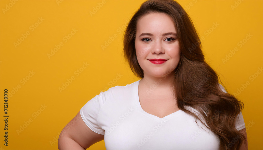 Young beautiful plus size woman with long hair in white t-shirt posing, body positive. Young beautiful plus size woman with long hair in white t-shirt posing, body positive.