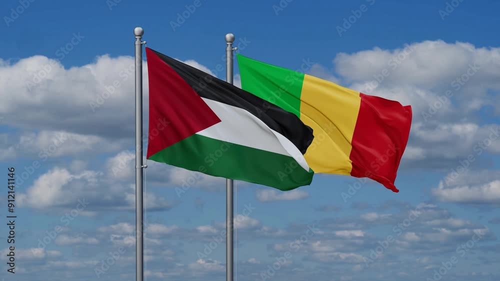 Mali and Palestine flags waving together, video concept of the relationship, two country relations concept Mali and Palestine flags waving together, video concept of the relationship, two country relations concept