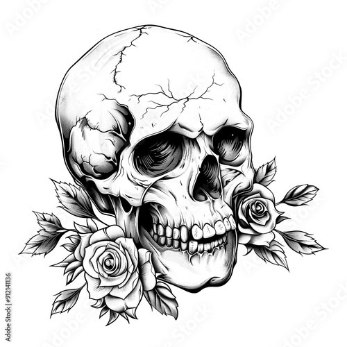 Intricate black and white skull illustration with roses, symbolizing the blend of life and death. Ideal for tattoos, gothic art, and dark themes. photo