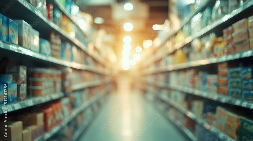 Fototapeta premium A blurred background of a supermarket aisle showcases shelves stocked with various products. The soft focus effect highlights the organized arrangement of goods