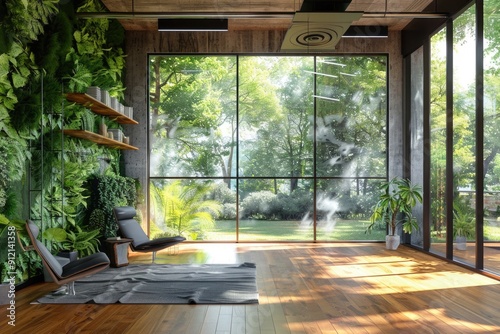 A cozy living room with a feature wall covered in various plants and greenery