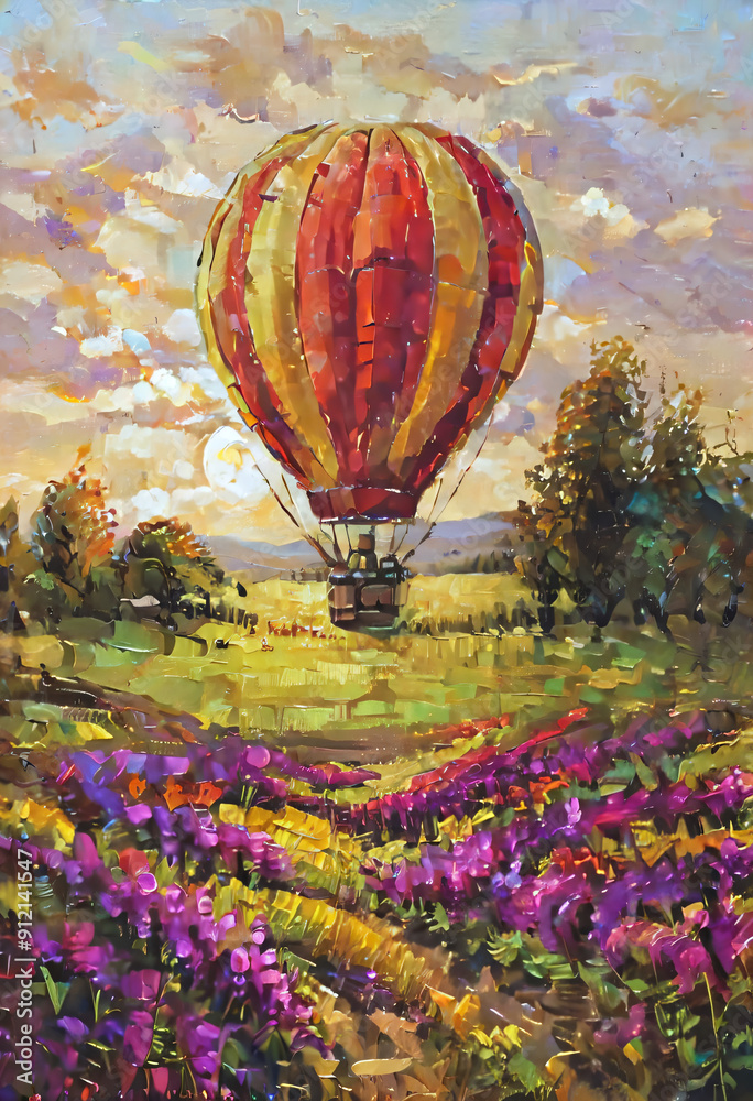 Fototapeta premium Hot Air Balloon over Field of Flowers.