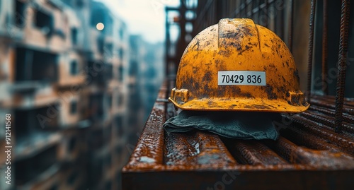 Yellow Safety Helmet and Handkerchief on Table with Blurred Construction Site Background and Skylight photo