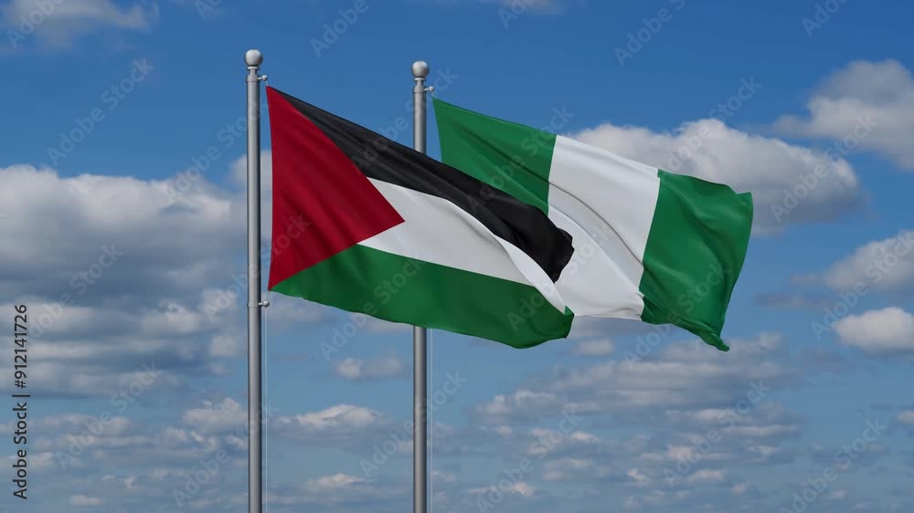 Nigeria and Palestine flags flying together, video concept of the relationship, two country relations concept Nigeria and Palestine flags flying together, video concept of the relationship, two country relations concept