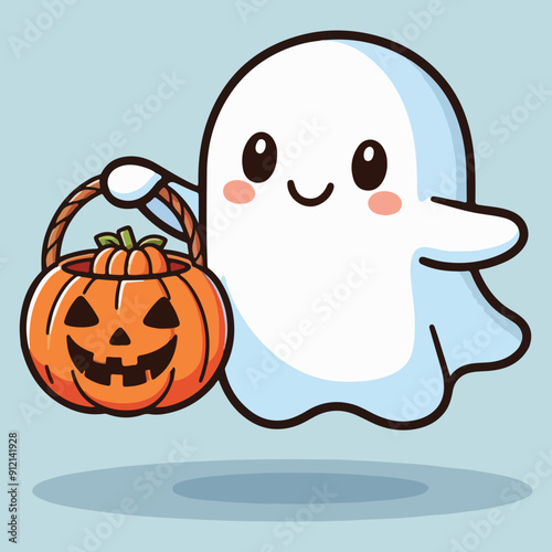 Cute ghost floating with Halloween pumpkin basket for Trick or Treat. Funny spooky boo character. Spook phantom with happy smiling face expression. kids flat vector illustration.