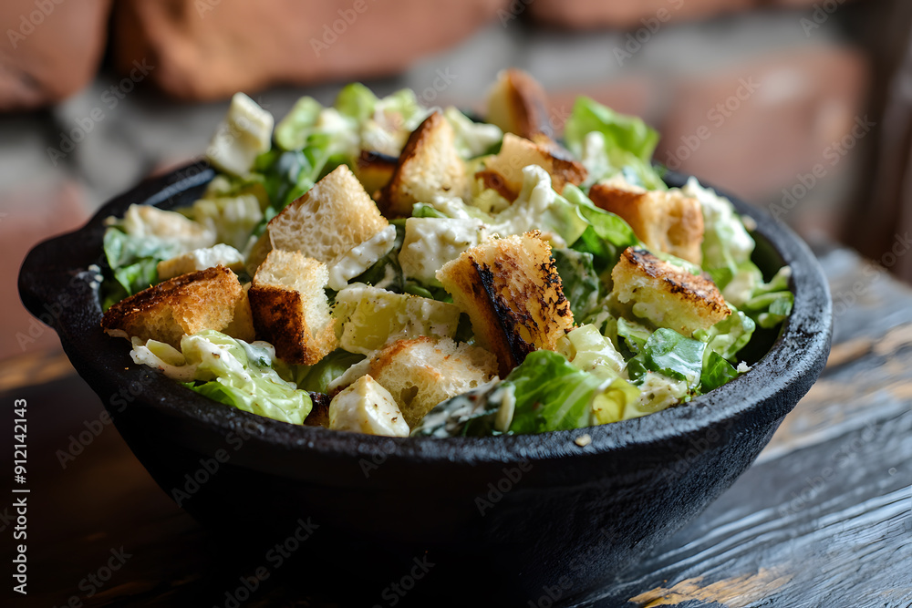 Cozy vegan Caesar salad in a rustic cast iron bowl with a textured brick or wooden wall backdrop, creating an inviting atmosphere Cozy vegan Caesar salad in a rustic cast iron bowl with a textured brick or wooden wall backdrop, creating an inviting atmosphere