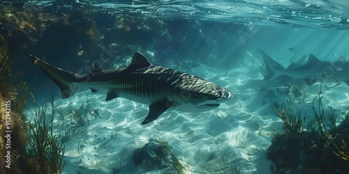 Tiger shark gliding in the shallows