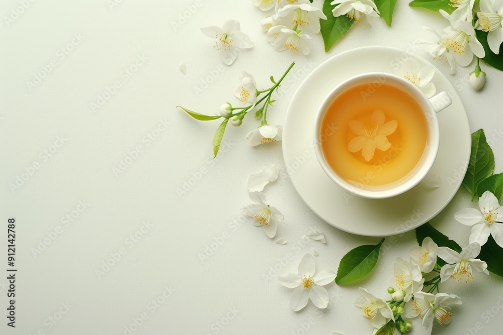 A beautiful cup of green tea surrounded by jasmine flowers on a soft surface A beautiful cup of green tea surrounded by jasmine flowers on a soft surface