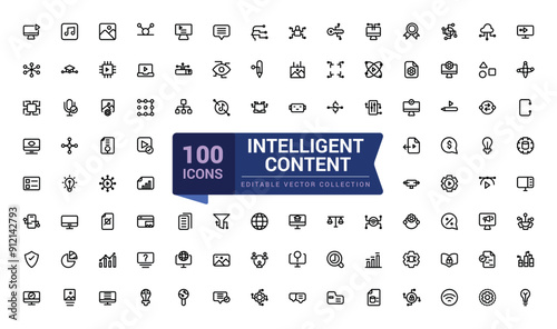 Intelligent content icon set with creativity, evaluating and content. Pixel perfect, minimalistic web and UI icon. Outline icon collections.