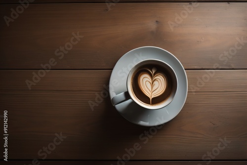 Coffee cup on a wooden table, top view. ai generative