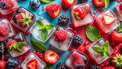 Vibrant red background showcases refreshing ice cubes infused with frozen mixed berries, fruits, and fragrant mint leaves, perfect for summer.