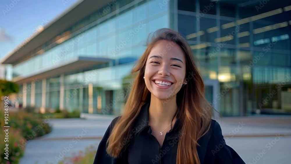 A young, smiling businesswoman in a professional setting, exuding confidence and positivity against a modern office building backdrop. A young, smiling businesswoman in a professional setting, exuding confidence and positivity against a modern office building backdrop.