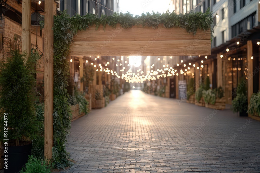 Fototapeta premium Charming street view adorned with warm lights under a wooden sign, creating a delightful atmosphere for gatherings and events.