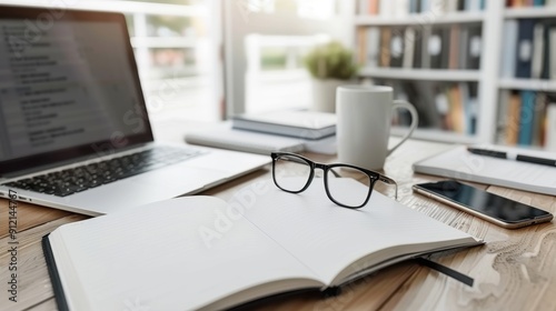 Wallpaper Mural Open book, eyeglasses, laptop, and coffee cup on a wooden desk, workspace setup with blurred background of shelves and window. Torontodigital.ca
