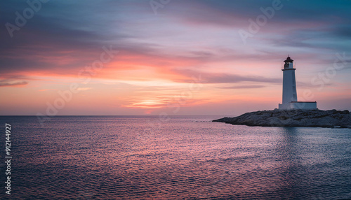 Lighthouse during sunset. calm sea good weather. 