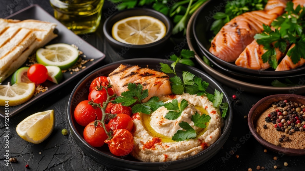 A rustic pescatarian dish featuring hummus, emphasizing antioxidant benefits with Mediterranean meal options A rustic pescatarian dish featuring hummus, emphasizing antioxidant benefits with Mediterranean meal options